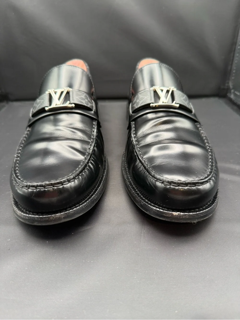 Louis Vuitton Major Loafers Black Glazed Calf Leather Monogram Size US 10.5